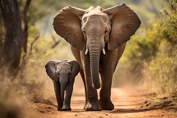 Elephant mom walking in its natural habitat with her baby elephant
