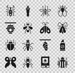 Set Colorado beetle, Spray against insects, Clothes moth, Mosquito, Insect fly, Hive for bees, Beetle deer and Butterfly icon. Vector