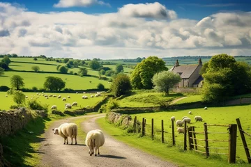 Foto auf Acrylglas Antireflex Scenic rural farmland with livestock in the Cotswolds, UK. Generative AI © Enzo