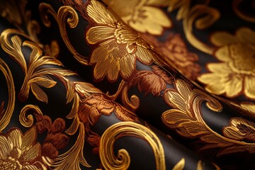 Close-up of a brown silk fabric with gold ornaments. Generative AI