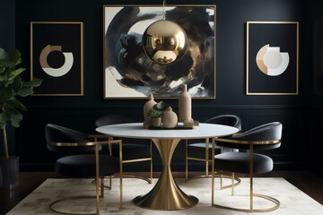 Modern dining area with dark walls, square artwork, and metallic accents above the sitting space. Generative AI