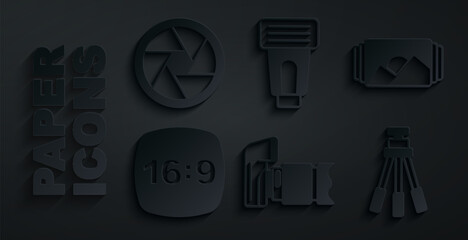 Set Photo camera, frame, 16, Tripod, flash and Camera shutter icon. Vector