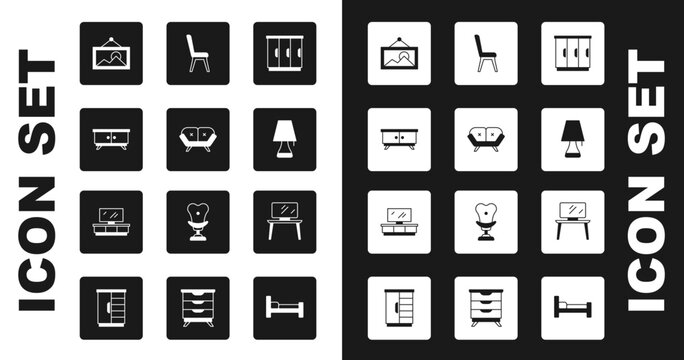 Set Wardrobe, Sofa, Furniture nightstand, Picture, Table lamp, Chair, TV table and icon. Vector