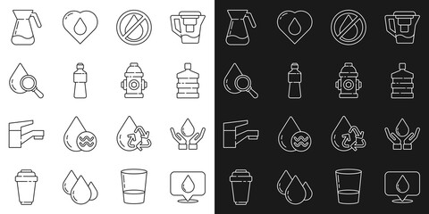 Set line Water drop with location, Washing hands soap, Big bottle clean water, forbidden, Bottle of, Drop magnifying glass, Jug and Fire hydrant icon. Vector