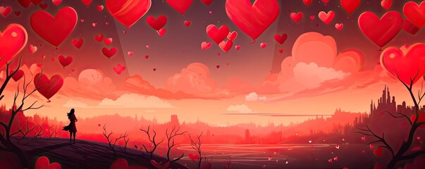 Valentine's Day background with girl silhouette near tree with red hearts. Falling in love concept. Banner. Generative AI.