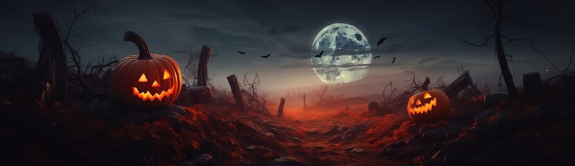 Halloween panoramic wallpaper background with jack o lanterns under gull moon