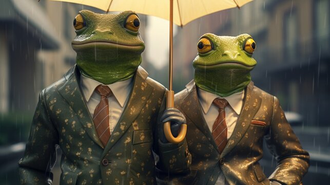 Two frogs in suits holding an umbrella. AI