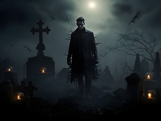 Vampire on the cemetery Halloween night creepy