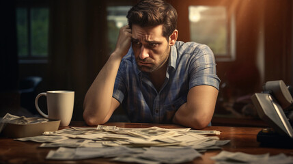 Upset man in financial crisis. At home at desk.