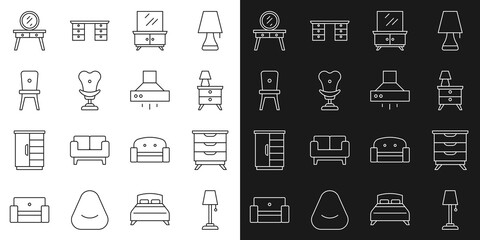 Set line Floor lamp, Furniture nightstand, Nightstand with, Dressing table, Armchair, Chair, and Kitchen extractor fan icon. Vector