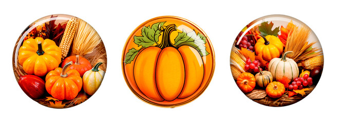 Thanksgiving pumpkins pins on white transparent background