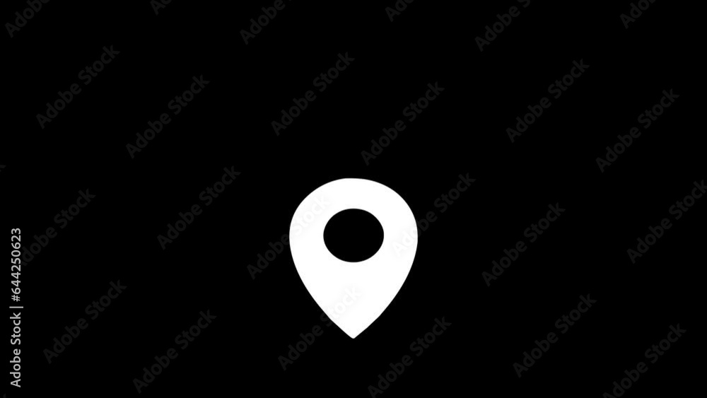 Poster animation of white map location pin bouncing on black background