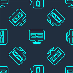 Green line 3D cinema glasses icon isolated seamless pattern on blue background. Vector