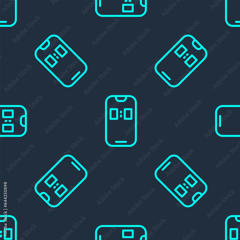 Poster green line alarm clock app smartphone interface icon isolated seamless pattern on blue background. v