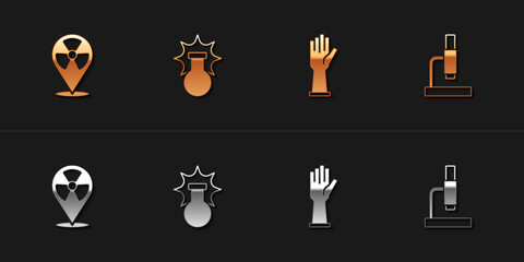 Set Radioactive in location, Chemical explosion, Medical rubber gloves and Microscope icon. Vector
