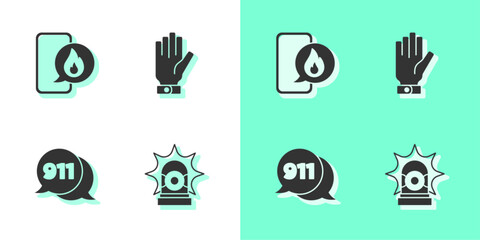 Set Flasher siren, Phone with emergency call 911, Telephone and Firefighter gloves icon. Vector