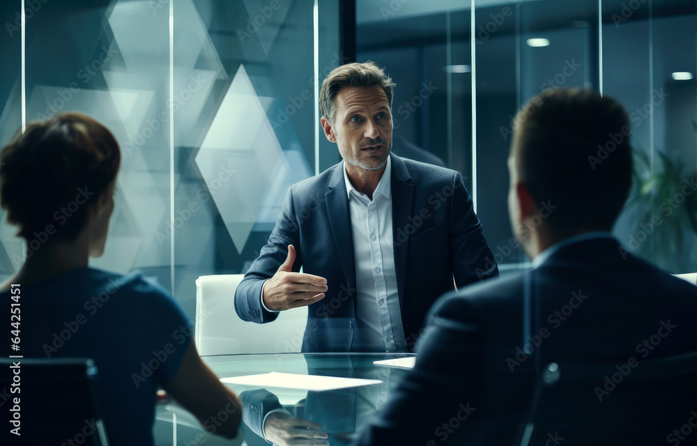 Wall mural businessman talking to his employees in the meeting room. business people in a meeting. business tea