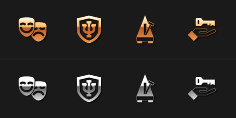 Set Comedy and tragedy masks, Psychology, Psi, Metronome with pendulum and Solution to the problem icon. Vector