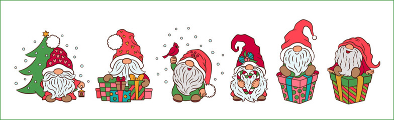Cute Christmas gnomes set. Adorable scaneinavian gnome charaxters Xmas vector, illustration.