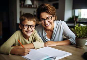 portrait of Cheerful mother doing homework with son at home