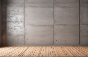 Photo of wooden floor surface and gray wall. High quality photo.