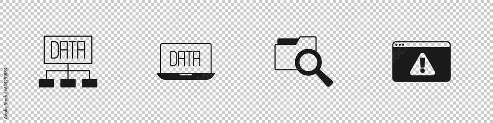 Poster set data analysis, search with folder and browser exclamation mark icon. vector