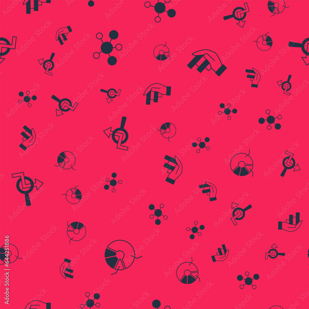 Poster set pie chart infographic, mind map, search data analysis and on seamless pattern. vector