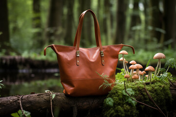 Eco bio-gradable vegan bag made of mycelium leather, bio based sustainable alternative to leather made of mushroom spores and plant fibres Mushroom textile innovative materials leather. Generative AI