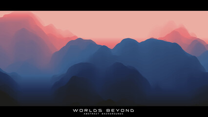 Fog over mountains. Vector landscape panorama. Abstract violet gradient eroded terrain. Worlds beyond.