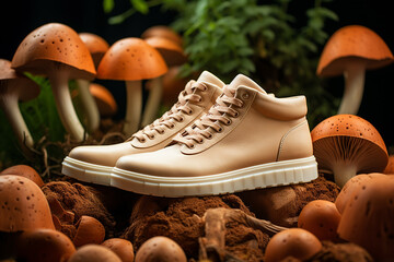 Vegan leather shoes from mushroom mycelium. samples of vegan bio leather, eco friendly concept, bio based sustainable alternative to leather made of mushroom spores and plant fibres. Generative AI.