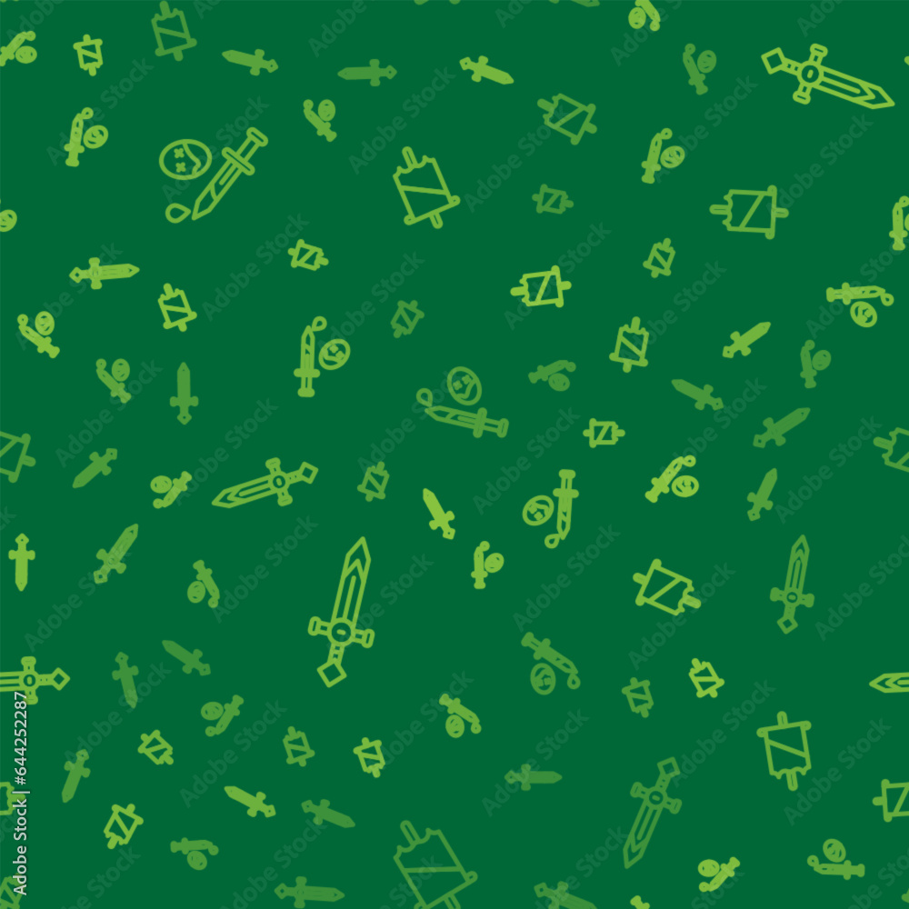Poster set line sword with blood, medieval sword and flag on seamless pattern. vector