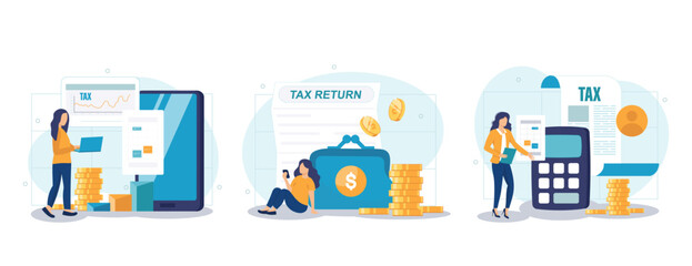 Declaration programs, easy reporting, tax website. Desktop tax filing software, mobile app tax filing software, filing online service metaphors. Vector isolated concept metaphor collection of scenes. 