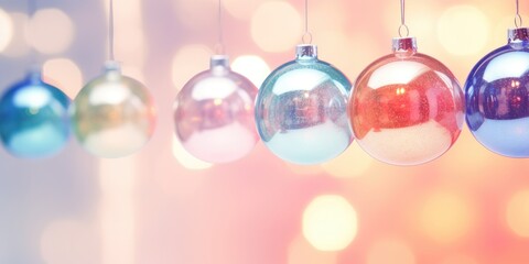 Fototapeta premium Christmas decorated balls hanging on a ribbon. Merry Christmas and Happy new year. Festive background with xmas decoration balls