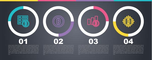 Set line Server bitcoin, Bitcoin, Pie chart infographic and CPU mining farm. Business infographic template. Vector