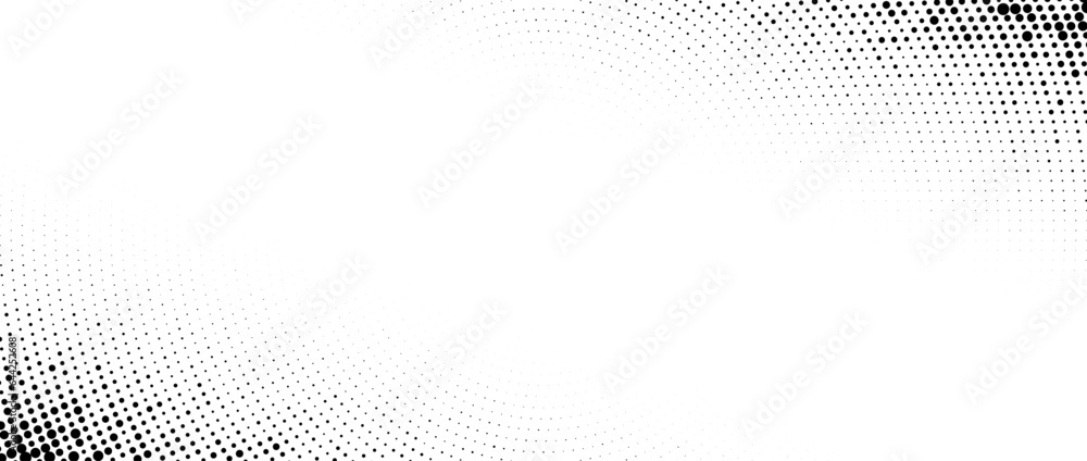 Poster Faded halftone corner texture. Dotted gradient pattern background. Abstract pop art radial curved wallpaper. Vanishing spotted design backdrop for print, banner, poster, flyer. Vector pattern
