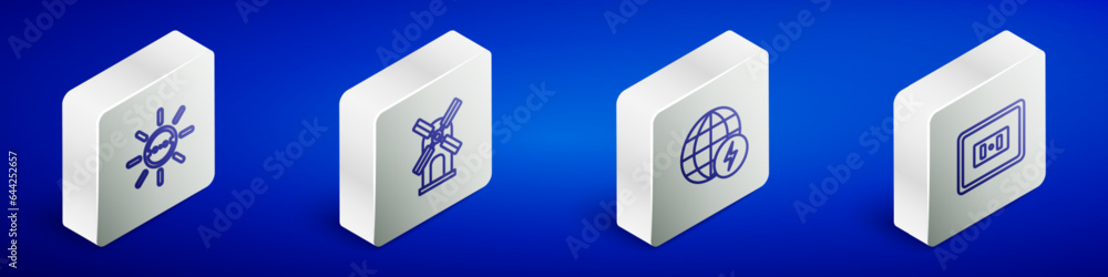 Wall mural set isometric line solar energy panel, wind turbine, global power planet and electrical outlet icon.