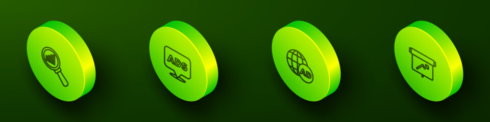 Set Isometric line Magnifying glass and analysis, Advertising, and Board with graph chart icon. Vector