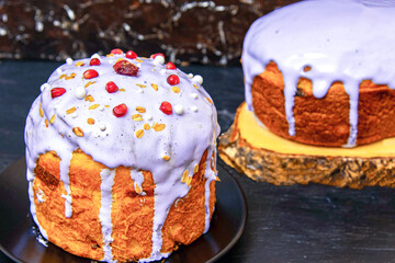 Easter sweet bread Orthodox kulich, paska decorated with icing