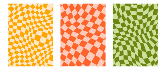 Groovy checkerboard background set. Colorful retro wavy checkered pattern collection. Vintage psychedelic distorted gingham wallpapers. Yellow, red, green funky twisted cage backdrop. Vector pack