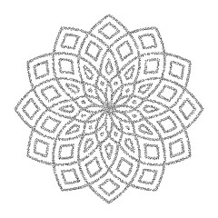 Stipple flower background. Dotted mandala ornament. Noise grain flower shape. Abstract black floral petals or snowflake decoration. Radial dot work pattern design for poster, badge, sticker. Vector