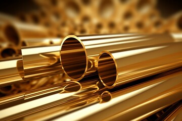 Arrangement of gold metal tubes stacked on a 3D illustrated background. Generative AI