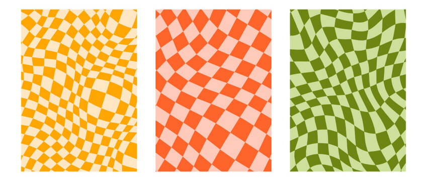 Groovy checkerboard background set. Colorful retro wavy checkered pattern collection. Vintage psychedelic distorted gingham wallpapers. Yellow, red, green funky twisted cage backdrop. Vector pack