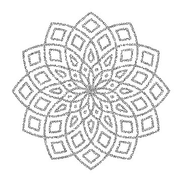 Stipple flower background. Dotted mandala ornament. Noise grain flower shape. Abstract black floral petals or snowflake decoration. Radial dot work pattern design for poster, badge, sticker. Vector