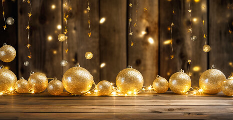 Festive christmas background. Empty Wood table top wit christmas baubles, balls and hanging decorative bokeh string lights at night time. fairy lights. digital ai	 - obrazy, fototapety, plakaty