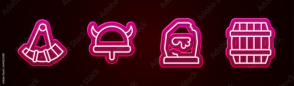 Poster set line hunting horn, viking horned helmet, magic rune and wooden barrel. glowing neon icon. vector