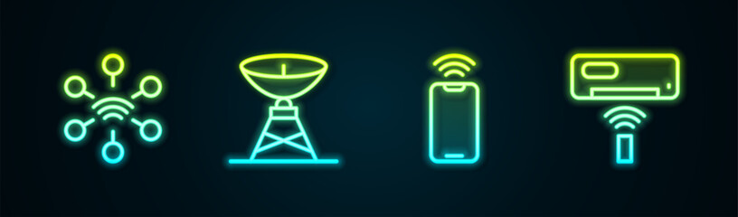 Fototapeta premium Set line Network, Satellite dish, Mobile with wi-fi wireless and Air conditioner. Glowing neon icon. Vector