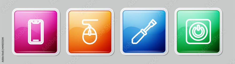 Poster set line mobile phone, computer mouse, screwdriver and power button. colorful square button. vector