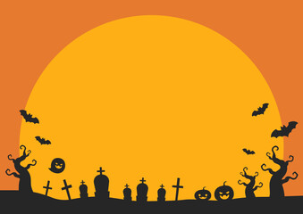 ハロウィンのイラスト、楽しい墓場と大きな満月 © GRACE