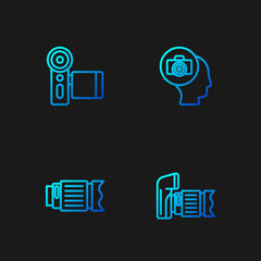 Set line Photo camera, Camera photo lens, Cinema and . Gradient color icons. Vector