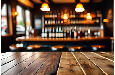 Blurred background of a bar with wooden tables and lights. High quality photo.